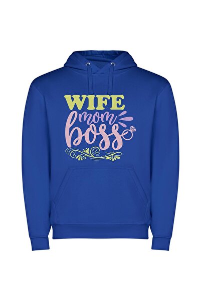 iLovePrints Wife, Mama, Boss Babe Φούτερ με κουκούλα σε χρώμα Μπλε