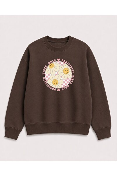 herkesemoda Smiling Faces Emoji Printed 2 Thread Threaded Crew Neck Sweatshirt