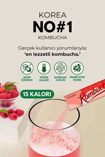 TEAZEN Probiyotik Ve Lif İçeren Bağırsak Sağlığı Destekli Şekersiz İçecek Kombucha Raspberry