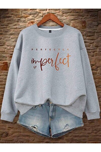 herkesemoda Hanorac gri imprimat perfect, cu 2 fire, cu guler tip crewneck