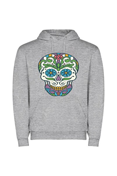iLovePrints Colorful Dia De Muertos Φούτερ με κουκούλα σε χρώμα Γκρι