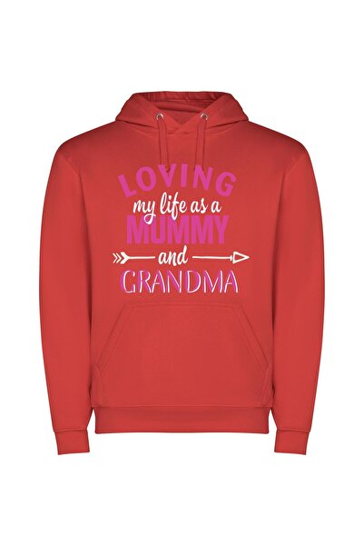 iLovePrints Forever Grandma, Happy Life Φούτερ με κουκούλα σε χρώμα Κόκκινο