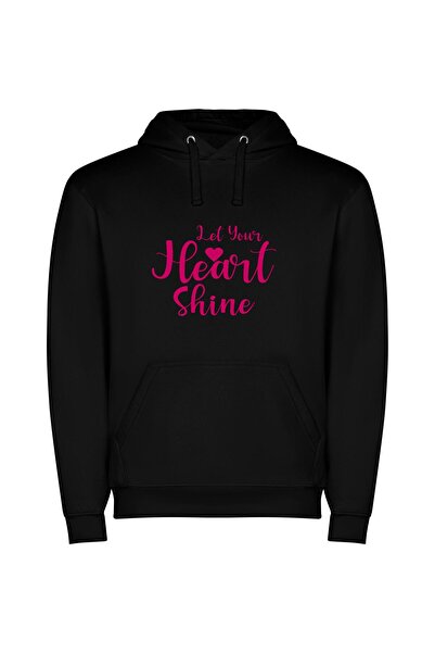 iLovePrints Shimmering Hearts: Radiant Light Φούτερ με κουκούλα σε χρώμα Μαύρο