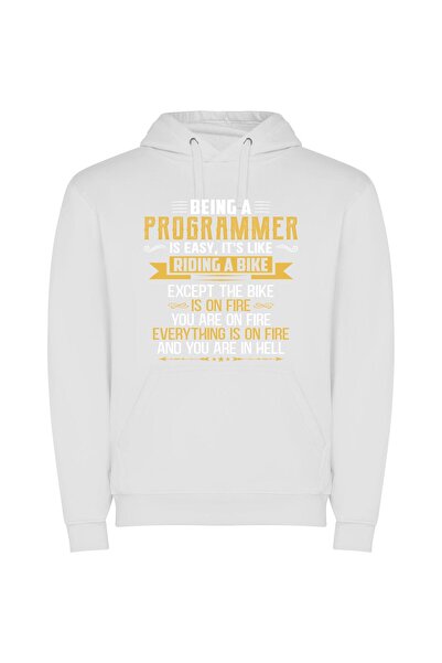 iLovePrints Fiery Programmer's Bicycle Journey Φούτερ με κουκούλα σε χρώμα Λευκό