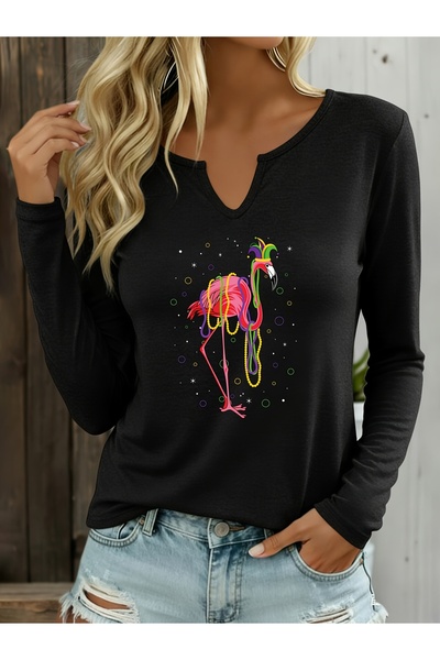 mercoledi Flamingo Printed Cotton V-Neck Long Sleeve Blouse