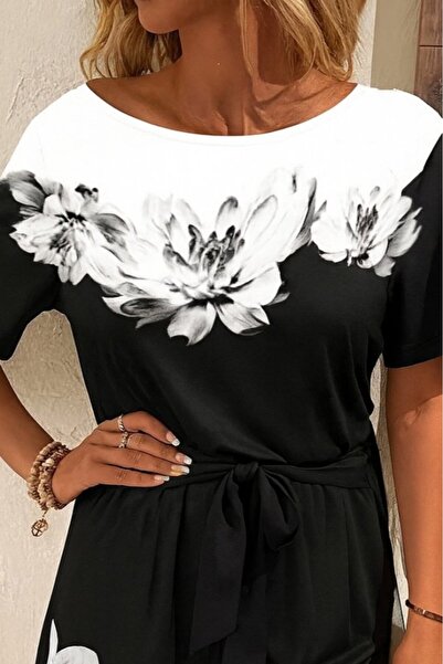 Veraura Lifestyle Women's One Shoulder Floral Print Belted Waist Two Thread M...