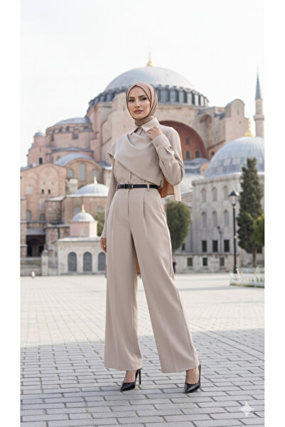 UFC 1985 TOP BRAND Women's Long Sleeve Shawl Detailed Blouse and Pants Two-Pi...