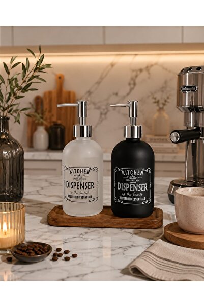Trend Home Life Ahşap Standlı Siyah Beyaz Cam Sıvı Sabunluk Seti - 2'li Mutfak Banyo Sabunluk