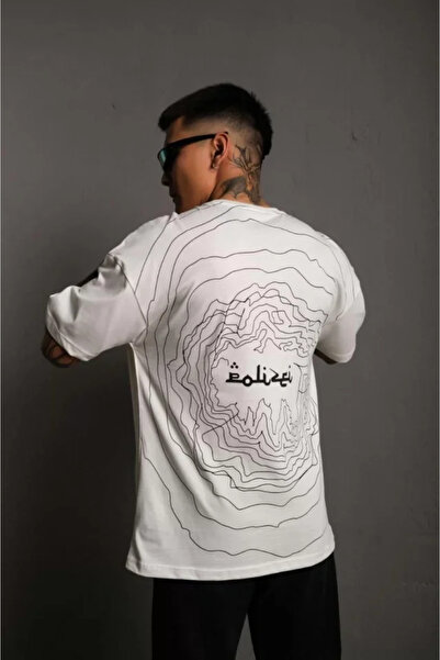 pazarella Men's Crew Neck Back Printed Oversize T-Shirt - White
