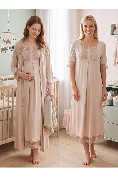 Lohussa New Season Beige Short Sleeve Elegant Lace Detailed Design Buttoned 1...