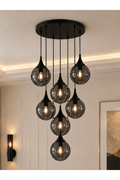 akyzlighting 7li Siyah Avize Füme Glop Camlı