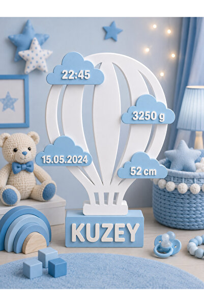 Aselhediyetasarımatölyesi Kişiye Özel Erkek Bebek Balon Doğum Panosu Ahşap İs...