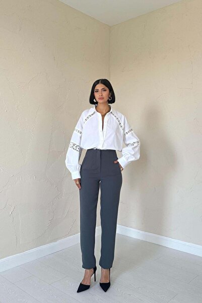 Moda Days Women's Smoked High Waist Slim Fit Woven Trousers with Side Pockets