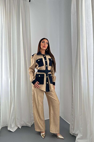 Moda Days طقم قميص وبنطلون نسائي أصفر مزين بالزخارف مع جيوب وحزام وأرجل واسعة