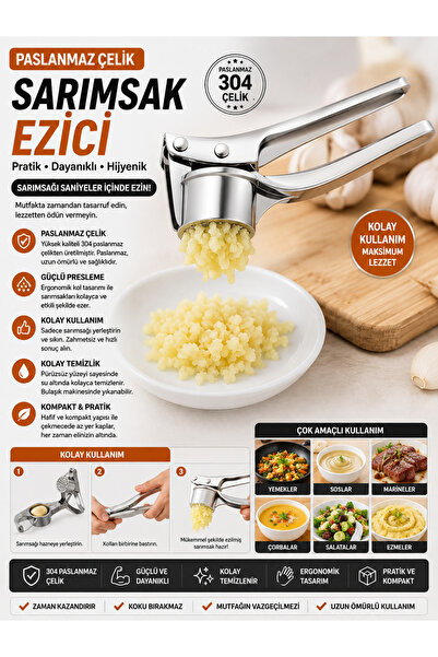 Ufak Tefek Şeyler Stainless Steel Practical Garlic Crusher - Metal Garlic Pre...