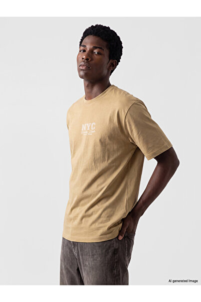 LC Waikiki Beige Crew Neck Nyc Printed Men's T-Shirt