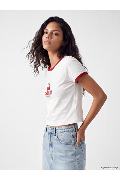 LC Waikiki White Crew Neck Cherry Printed Women's T-Shirt