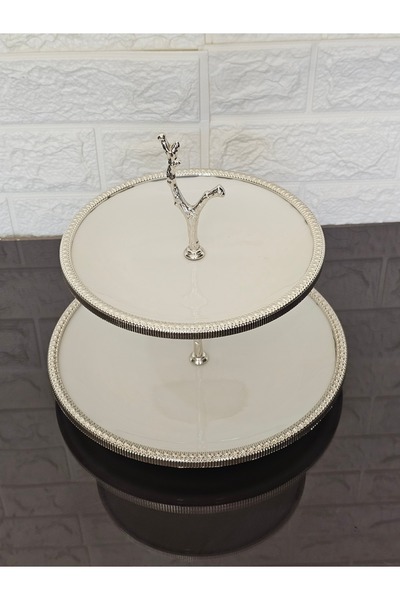 atabey home Porcelain Round Cast Silver Frame 2-Layer Cookie Bowl Simple 25+1...