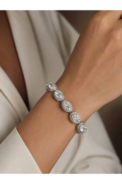 Valmont Oval Cut Zircon Stone Silver Color Halo Design Women's Bracelet