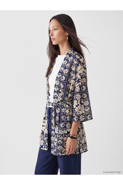 LC Waikiki Blue Shawl Collar Patterned Women's Kimono with Belted Waist