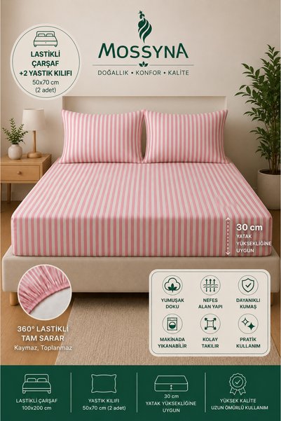 Mossyna Advantageous Elastic Sheet Set |   +2 Pillowcases |   Suitable for 30 cm Bed Height |   Measurement Options Available