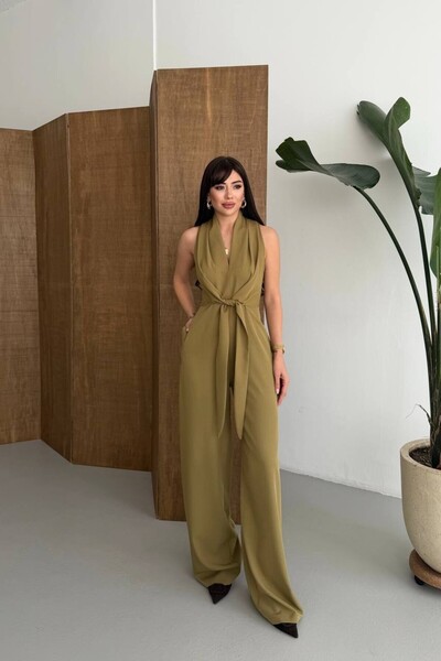 OLSAMODA Women's Halter Neck Atlas Fabric Sleeveless Jumpsuit with Tie-Up Detail