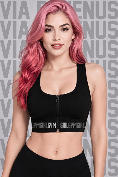 Vordevia حمالة صدر رياضية مبطنة بسحاب أمامي مطبوع عليها Gym Girl باللون الأسو...