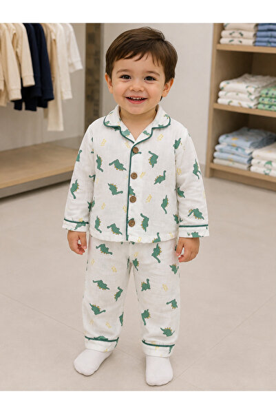 Erkek Bebek Dinozor Desenli Uzun Kollu Gömlek Yaka Düğmeli Müslin Pamuklu 2'li Pijama Takımı