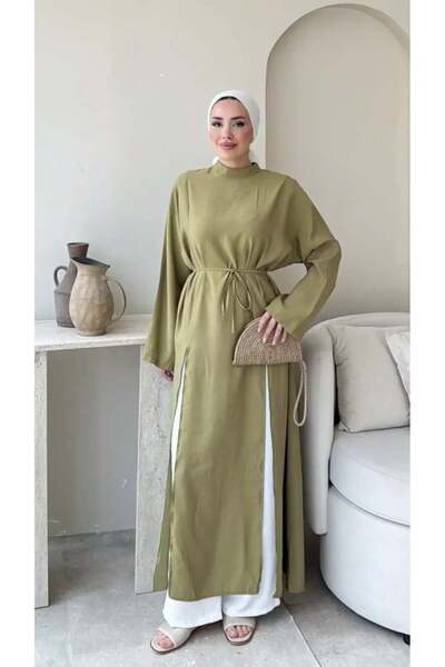 Miraydın Butik تونيك نسائي طويل برباط عند الخصر وسحاب M2665 - أخضر