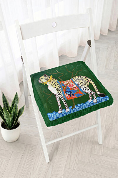 Realhomes Leopard Figured Fringed Zippered Chair Cushion with Floral Embroide...