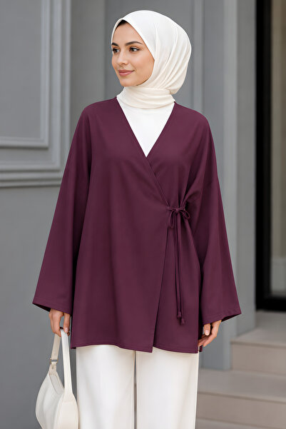 İmajButik Purple Double-Breasted Collar Side Tie Summer Kimono Tunic