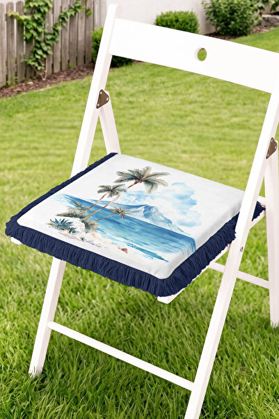 Realhomes Fringed Zippered Chair Cushion with Palm Trees, Sea and Mountain Vi...