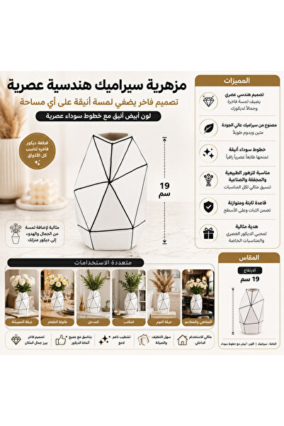 Dania 🏺 مزهرية سيراميك هندسية عصرية – تصميم فاخر باللون الأبيض مع خطوط سوداء...