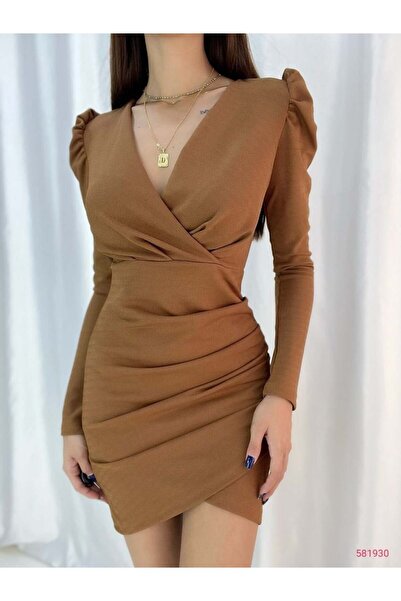 Modafeminen فستان بياقة مزدوجة الأكتاف 581930 بني