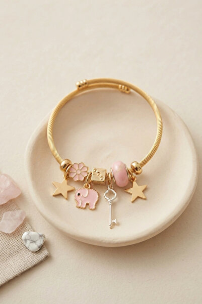 ARMÜZ Key and Elephant Model Pink Charm Bracelet