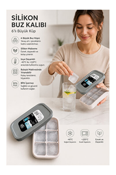TemizlikMağazam 6-Compartment Large Size Silicone Ice Mold with Lid - Set of ...