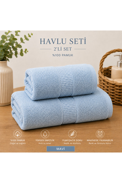2'li Havlu Seti %100 Pamuk 1 Adet El Havlusu 50*90 1 Adet Banyo Havlusu 70*150