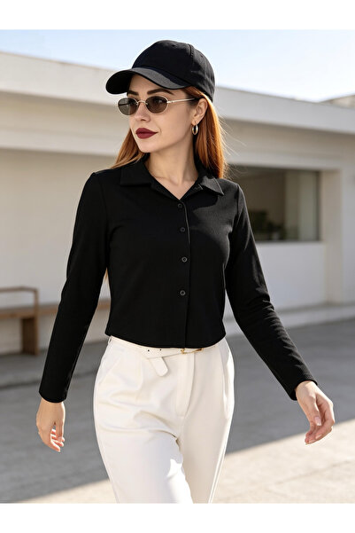 aurabutikstyle Siyah Kadın Fitilli Polo Yaka Düğmeli Crop Gömlek Bluz
