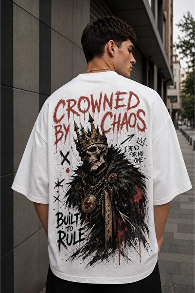 Crowned Chaos Erkek Oversize Sırt Baskılı %100 Pamuk Beyaz Tişört