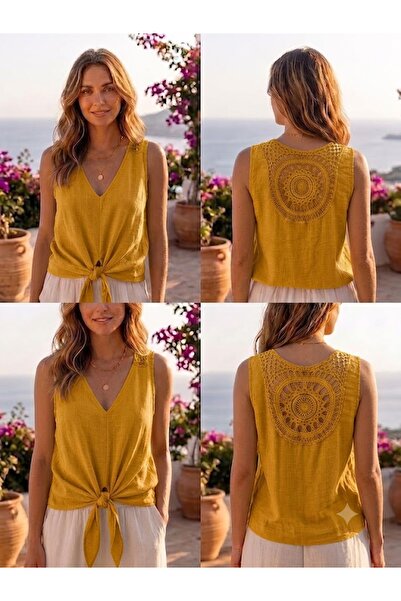AYASOFYA OTANTIK Women's Italian Sun Lace Tied Zero Sleeve Blouse
