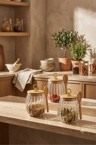 Reoona 3-Piece Borosilicate Glass Jar Set with Ring Lid and Striped Spoon for...