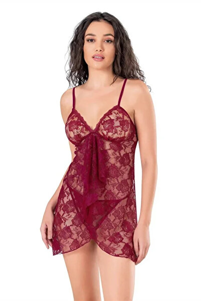 SS HOME CONCEPT Lace Embroidered Burgundy Short Tulle Nightgown