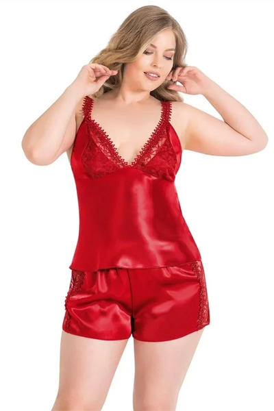 Veraura Lifestyle Plus Size Red Satin Babydoll Shorts Set