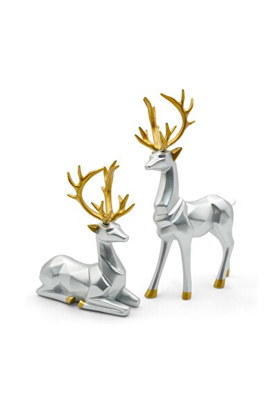 Generic Beram Silver and Golden Crown Reindeer Figures Set Large and Small Re...