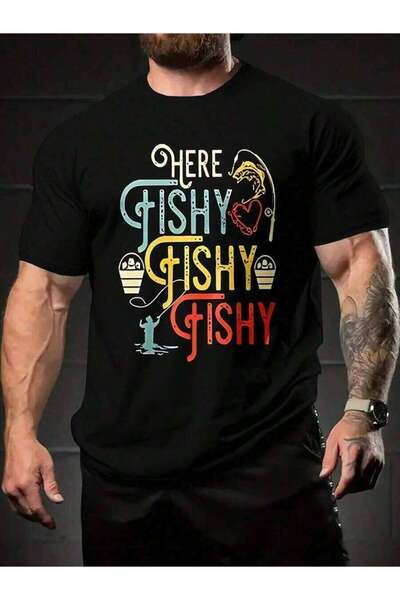 25W النمط: تي شيرت أسود مطبوع عليه "HERE FISHY FISHY"، بأكمام قصيرة، قميص صيف...
