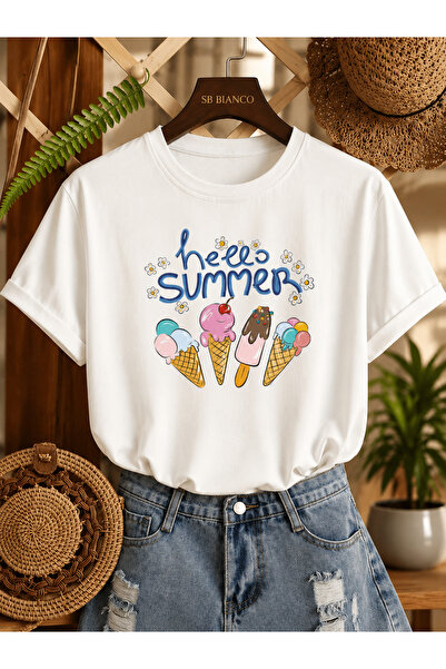 SB BİANCO تي شيرت فاخر للجنسين مطبوع عليه Hello Summer Ice Cream |   تي شيرت ...