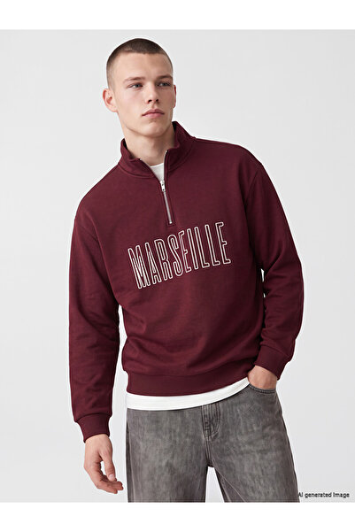 LC Waikiki Burgundy Stand Collar Marseille Printed Men's Thick Sweatshirt