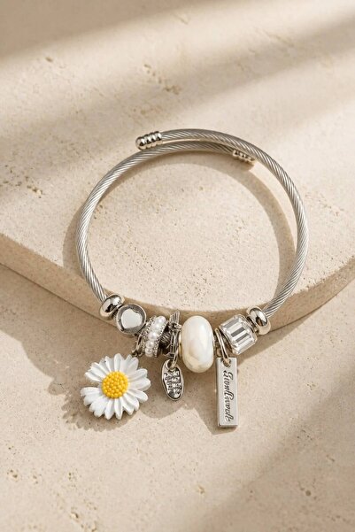 LYKOS White Daisy Figured Multiple Charm Detailed Steel Bracelet - Adjustable...