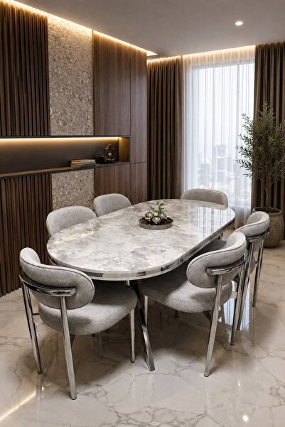 TOCE HOME LOFT Serisi 6 Kişilik Yemek Odası Takımı - Mermer Desenli Metal Ayaklı