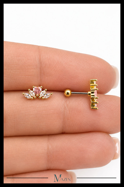 MAZEN Pembe Taş Kavis Tragus Piercing Çelik Gold Renk Kalp Taş Detaylı
